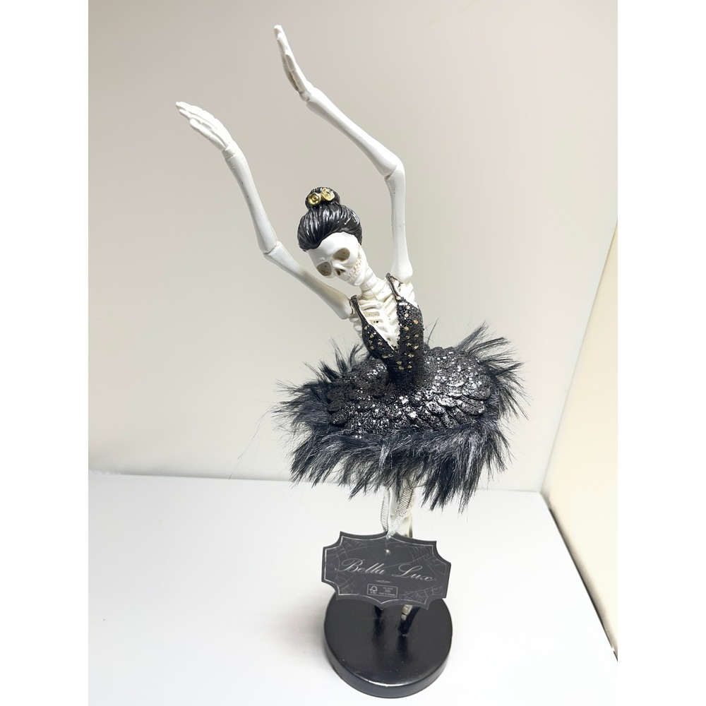 Bella Lux Skeleton Ballerina Halloween Decor Black Feather Tutu Gothic Figurine
